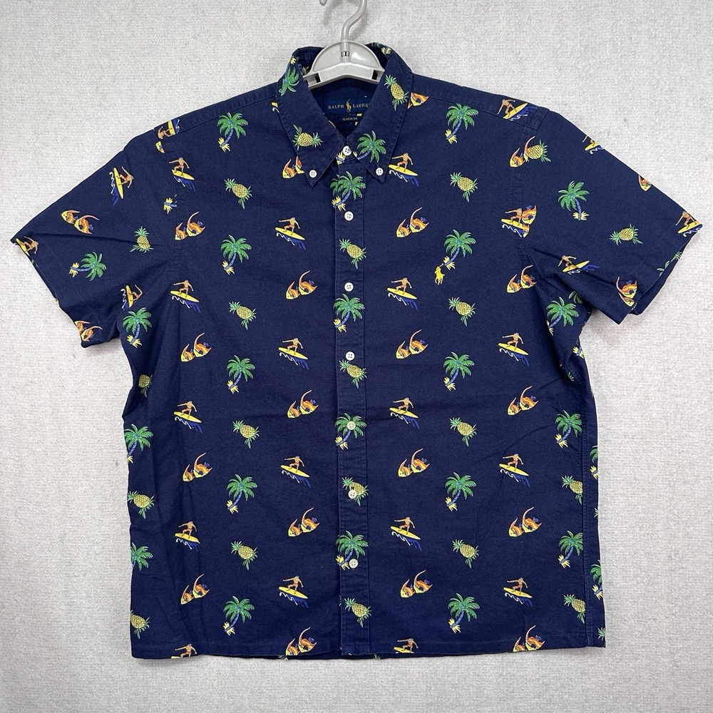 Ralph Lauren Men's Lg Classic Fit Hawaiian Pineapple Palm Tree Button Down Shirt